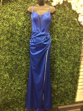 Nina Canacci Royal Blue Satin Maxi Gown with Side Slit